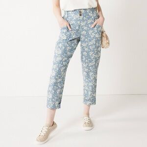 SO Floral Linen Tapered Pants | Dusty Blue Ivory | Size XS